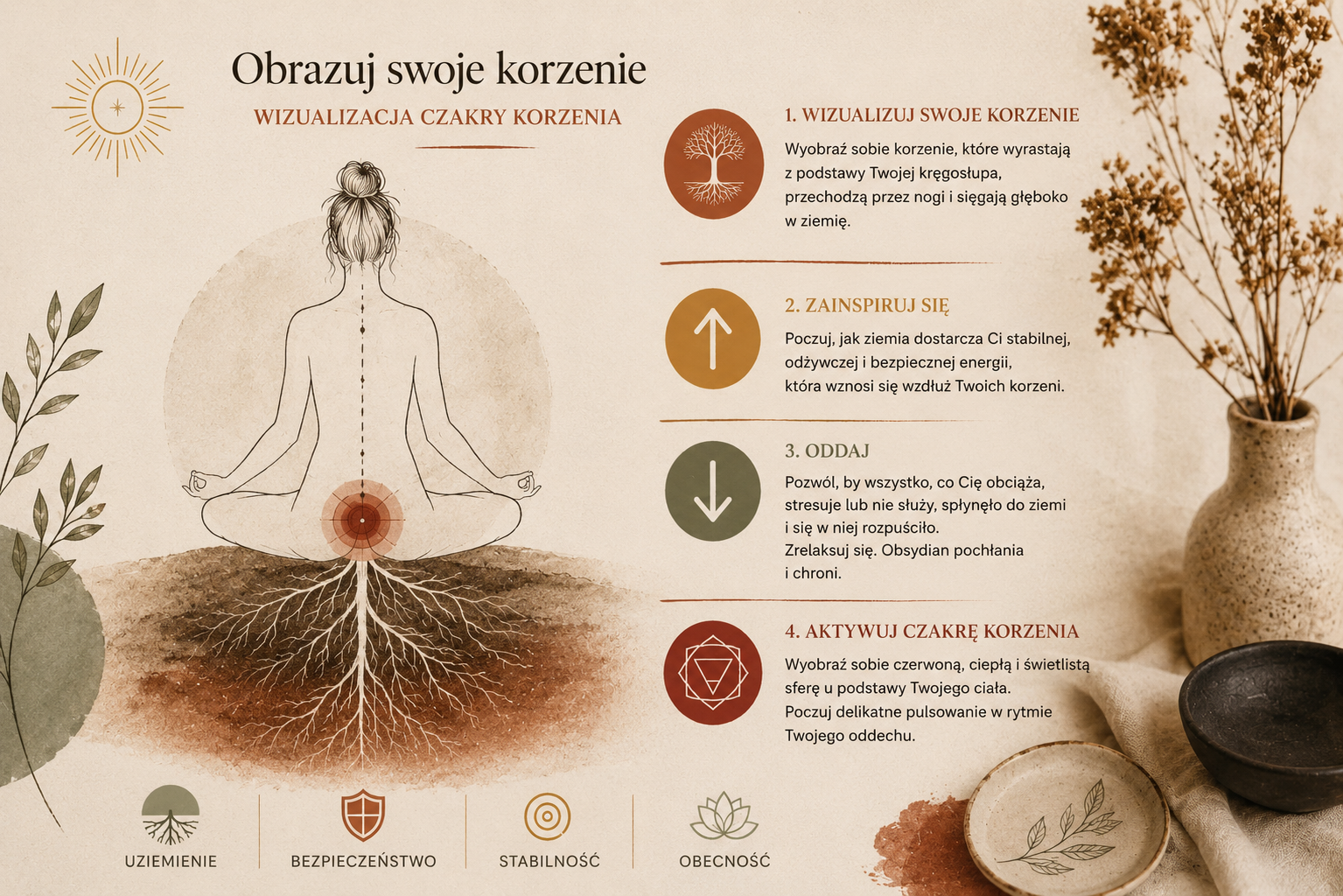 Wizualizacja korzeni schodzących w głąb ziemi podczas medytacji z obsydianem