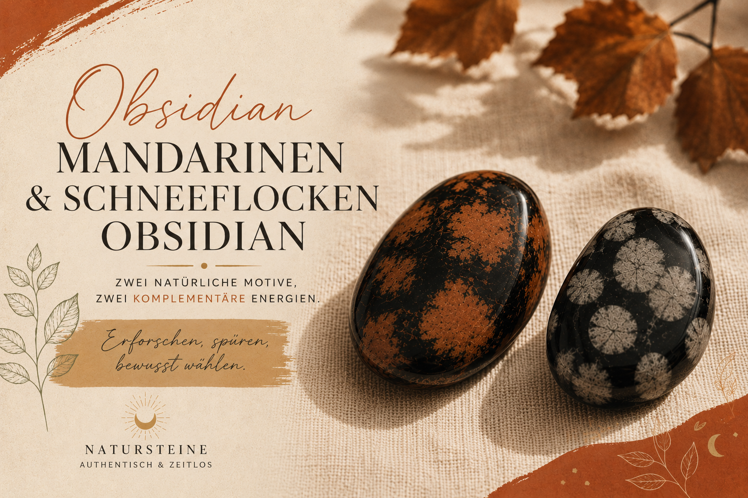 Der Kürbis-Obsidian und der Erdnuss-Obsidian Orangefarbener Kürbis-Obsidian und beiger Erdnuss-Obsidian nebeneinander