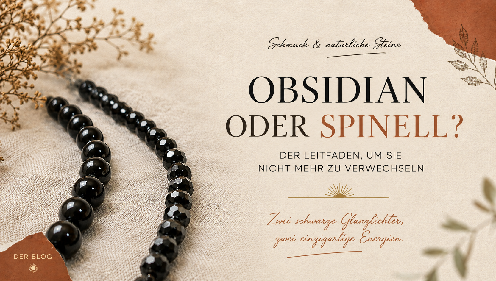 Perlen aus schwarzem Obsidian und schwarzem Spinell nebeneinander auf hellem Leinen