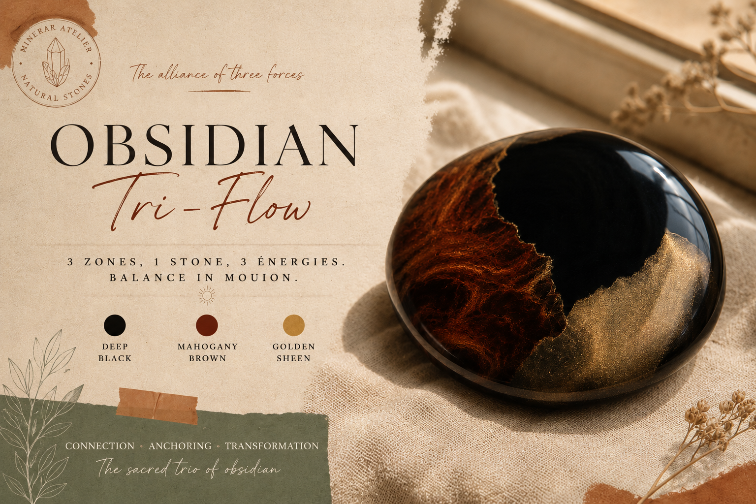 Tri-flow obsidian combining black, mahogany, and gold sheen zones