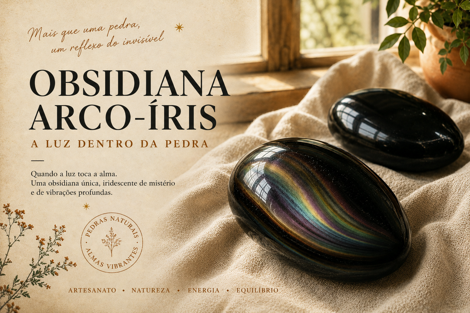 Obsidiana arco-íris polida revelando irisações verdes e roxas