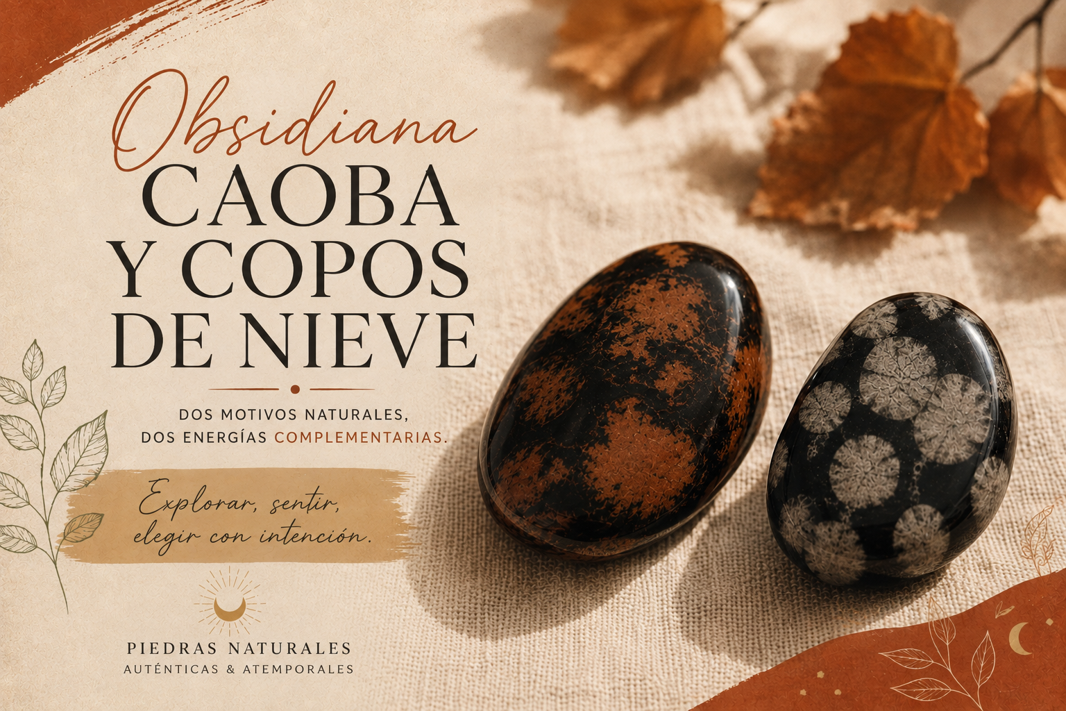 Obsidiana calabaza anaranjada y obsidiana cacahuate beige lado a lado