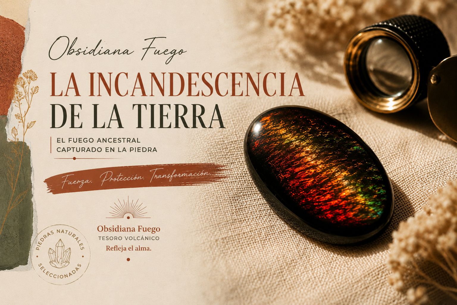 Obsidiana fuego pulida con irisaciones rojo llama y verdes al estilo ópalo