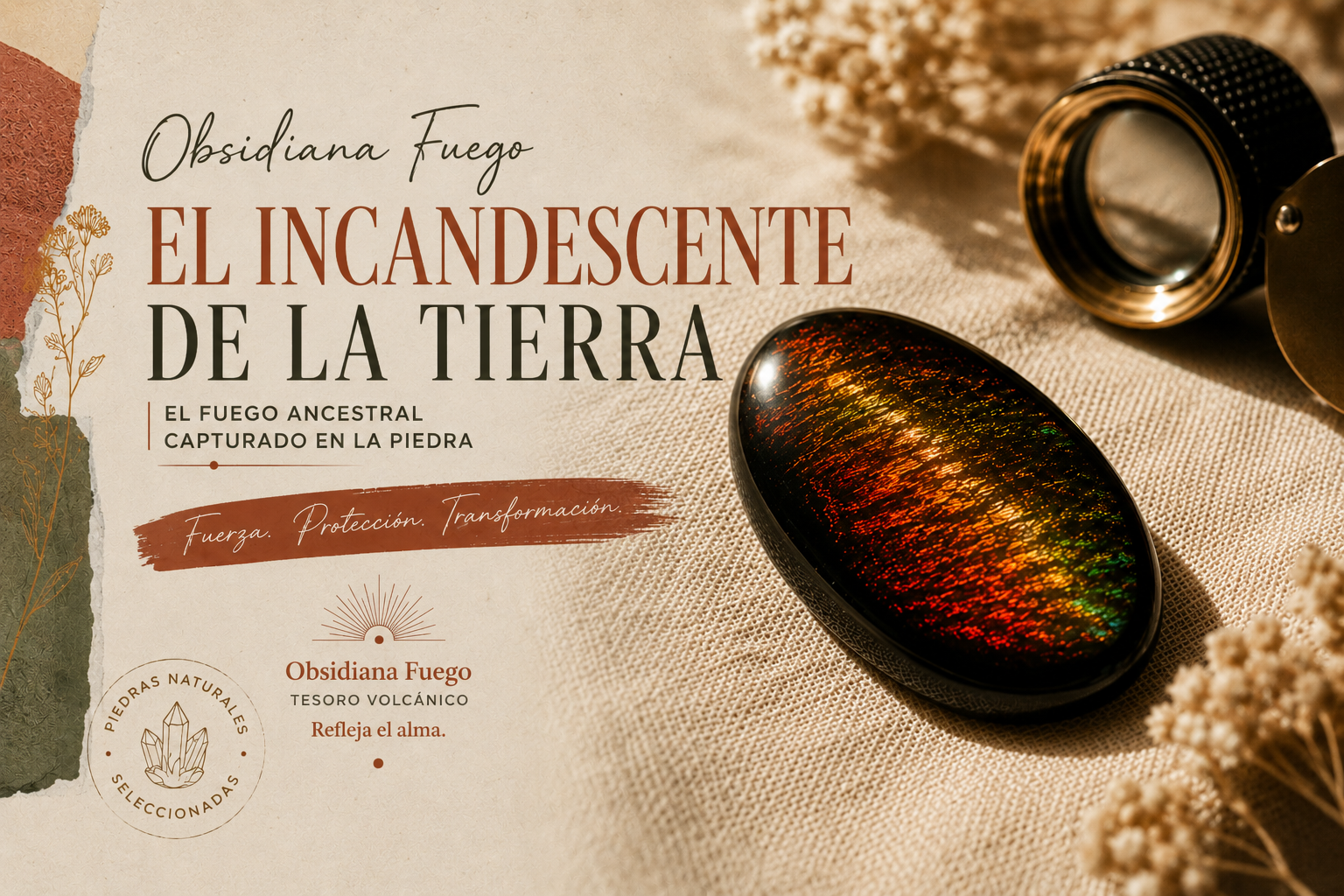 Obsidiana de fuego pulida con irisaciones rojo llama y verdes estilo ópalo