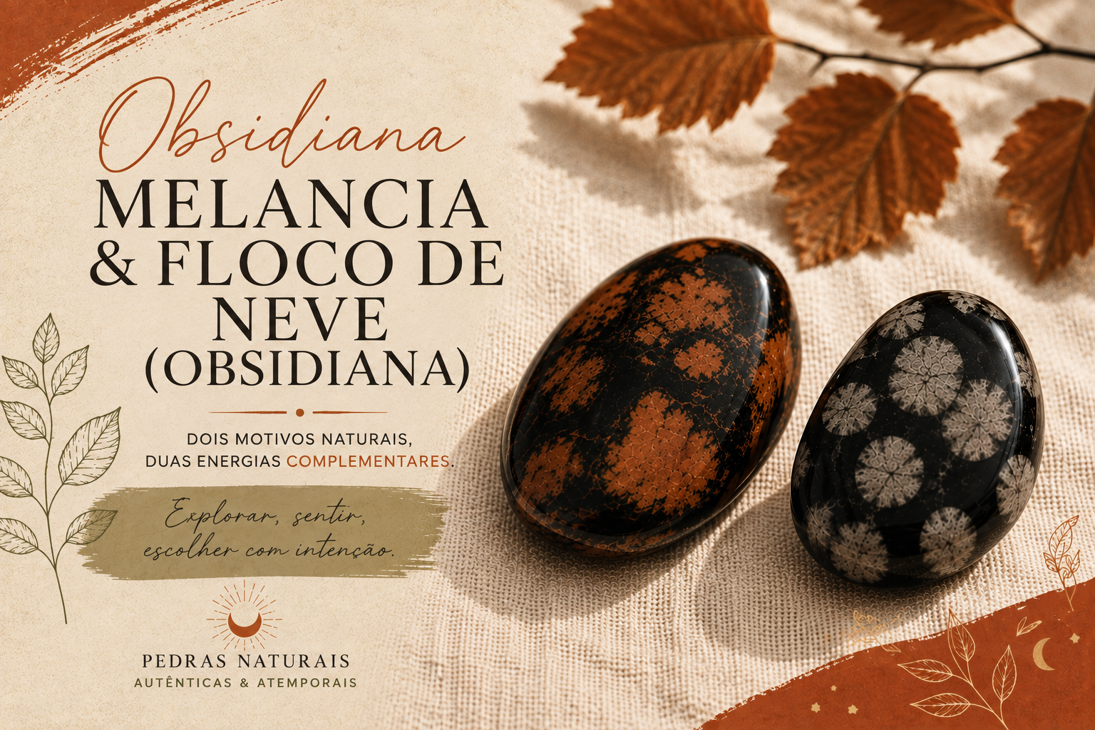 Obsidiana abóbora alaranjada e obsidiana amendoim bege lado a lado