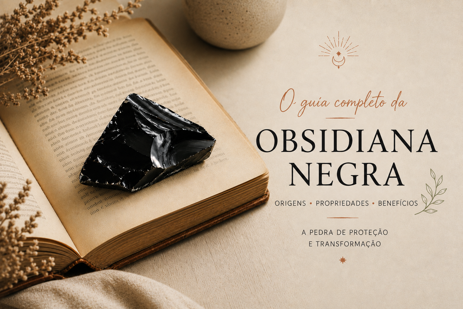 Fragmento de obsidiana negra sobre as páginas de um livro antigo