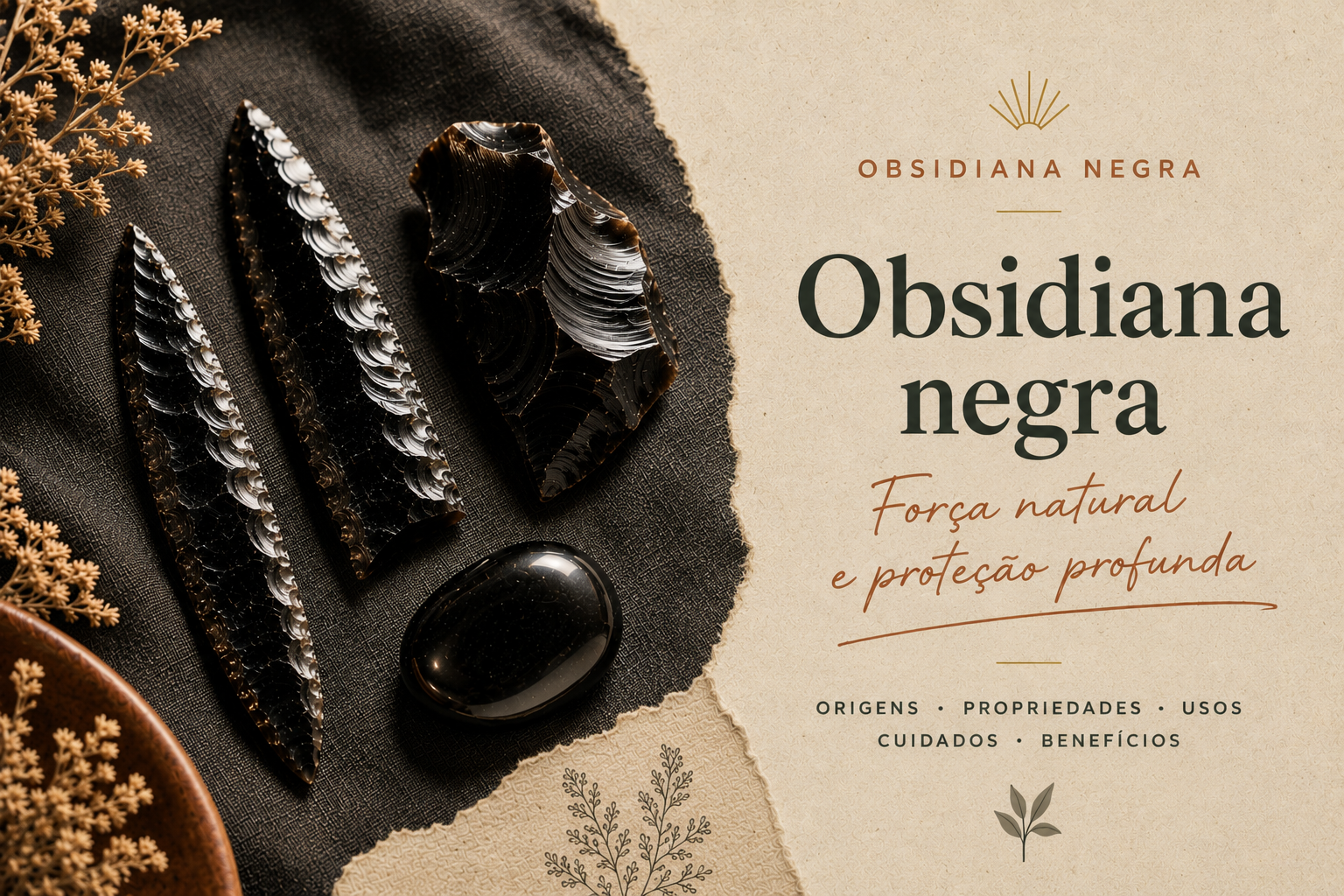 Mitos e lendas da pedra de obsidiana Fragmentos e lâminas de obsidiana negra dispostos sobre um tecido escuro