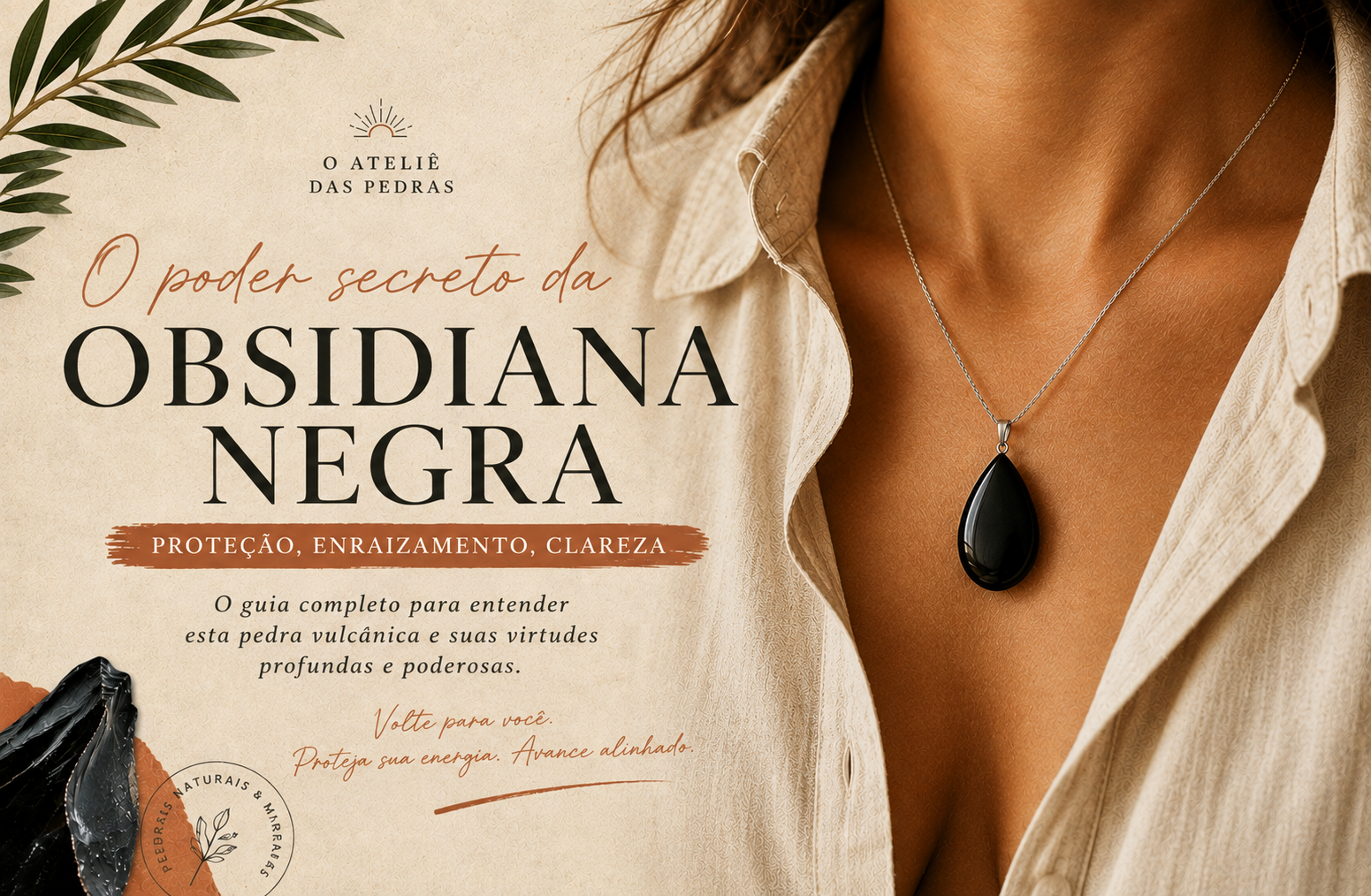 Pingente de obsidiana negra usado no pescoço sobre uma blusa de linho claro