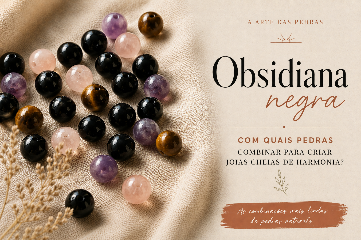 Contas de obsidiana negra e pedras coloridas misturadas sobre linho claro