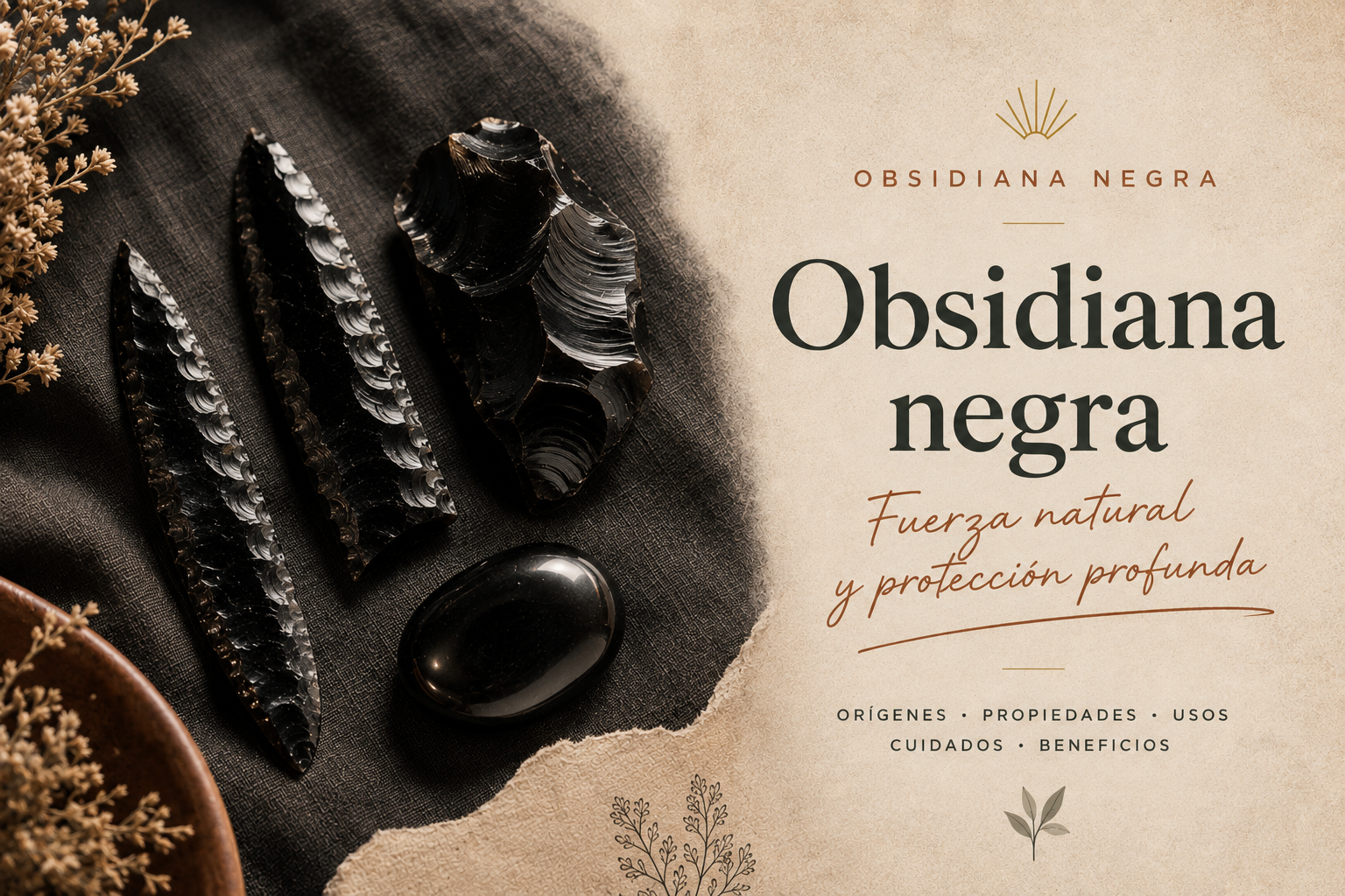 Fragmentos y hojas de obsidiana negra dispuestos sobre una tela oscura
