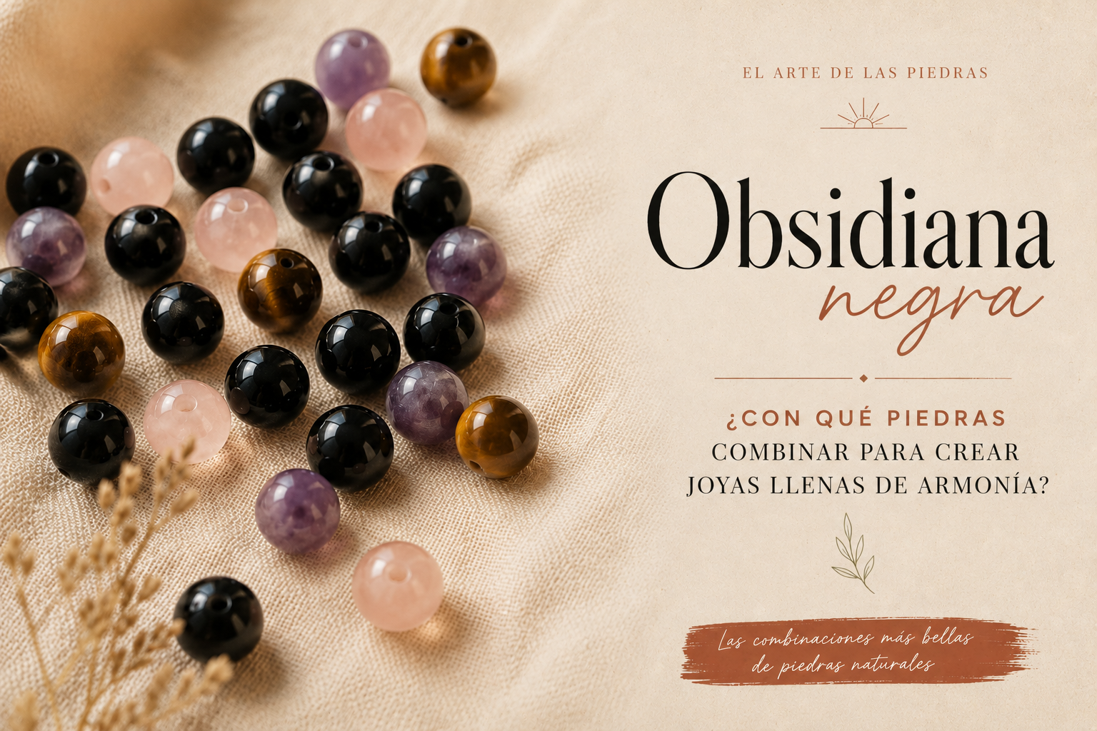 ¿Qué Piedra no Combinar con la Obsidiana? Cuentas de obsidiana negra y piedras de colores mezcladas sobre lino claro