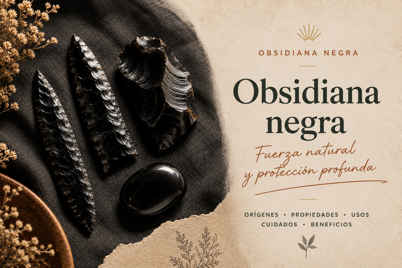 Fragmentos y navajas de obsidiana negra dispuestos sobre una tela oscura