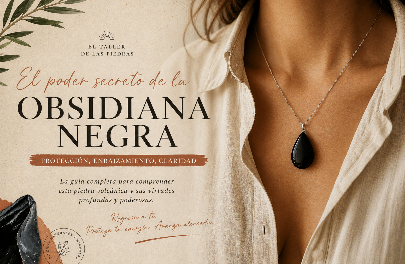 Dije de obsidiana negra usado al cuello sobre una blusa de lino claro