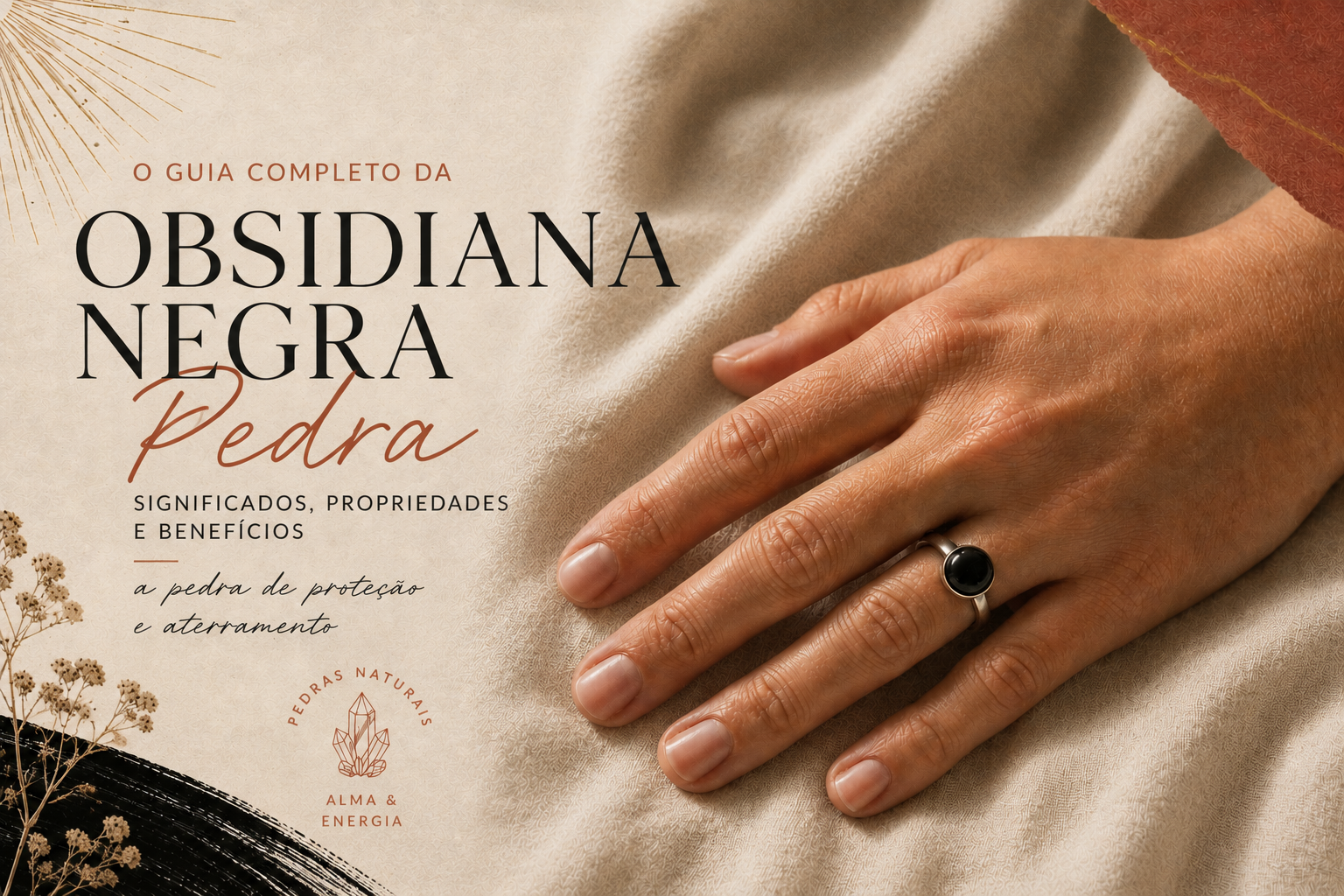 Anel de obsidiana negra usado no dedo anelar, mão apoiada sobre linho claro