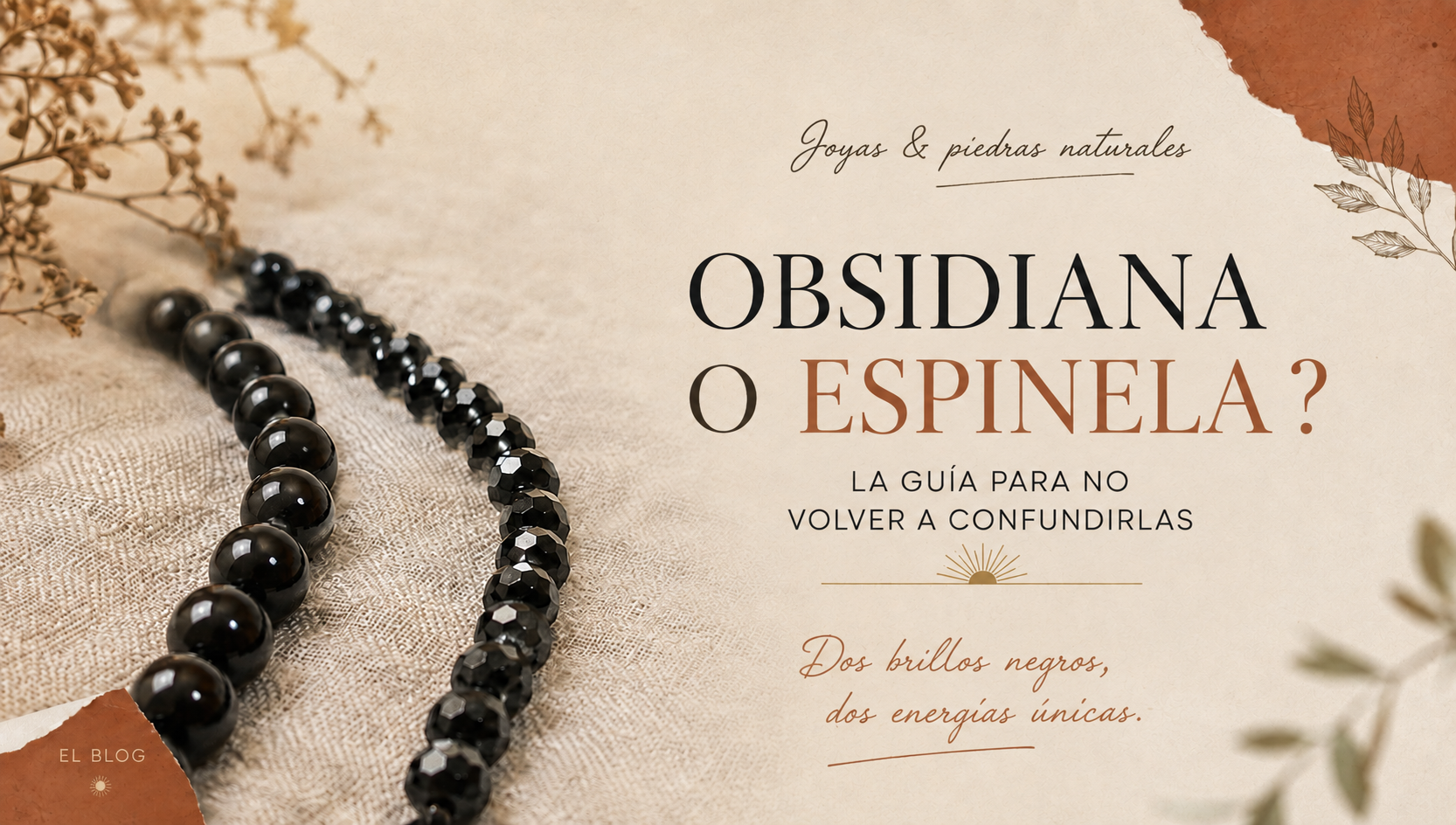 Cuentas de obsidiana negra y de espinela negra una junto a otra sobre lino claro
