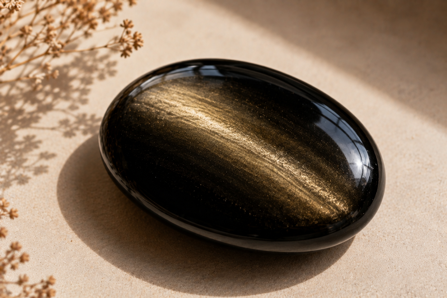 Obsidienne dorée traversée par un voile doré