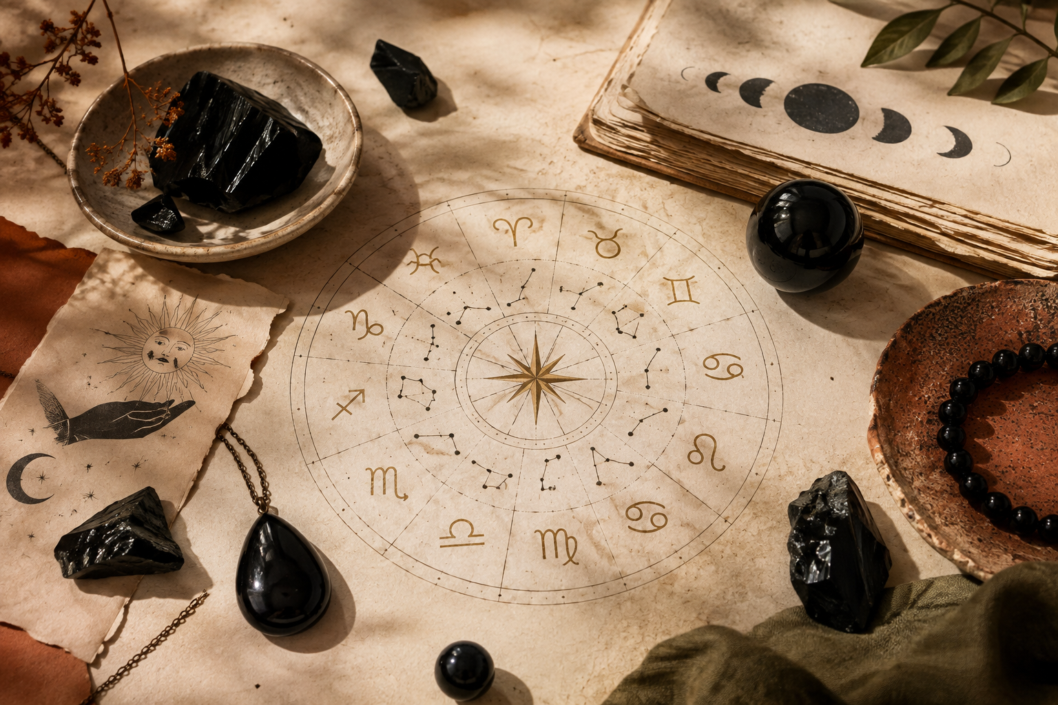 Pierres d obsidienne noire disposees en cercle sur une carte du ciel