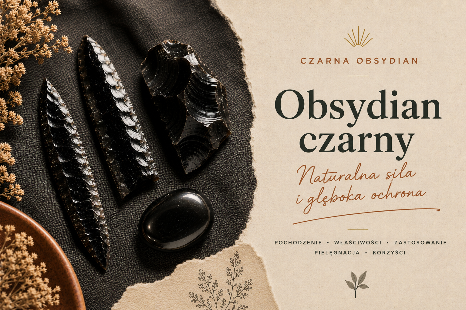 Fragmenty i ostrza czarnego obsydianu ułożone na ciemnej tkaninie