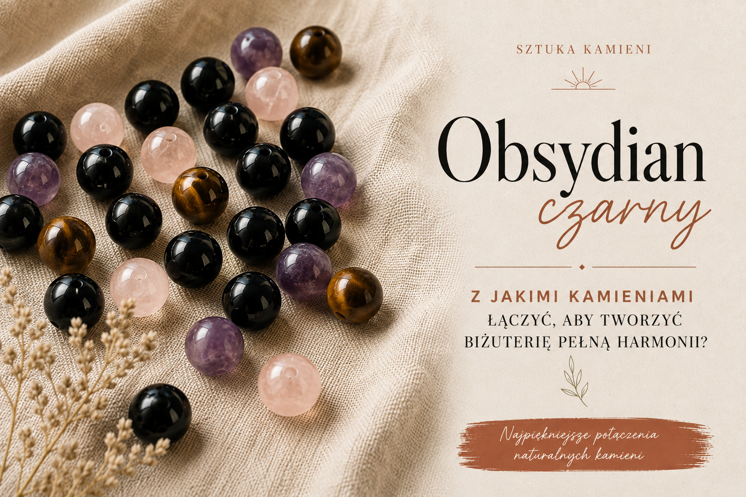 Koraliki z czarnego obsydianu wymieszane z kolorowymi kamieniami na jasnym lnie