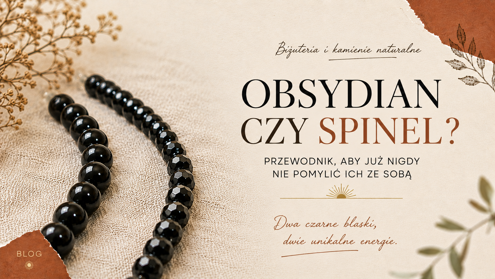Koraliki z czarnego obsydianu i czarnego spinelu obok siebie na jasnym lnie