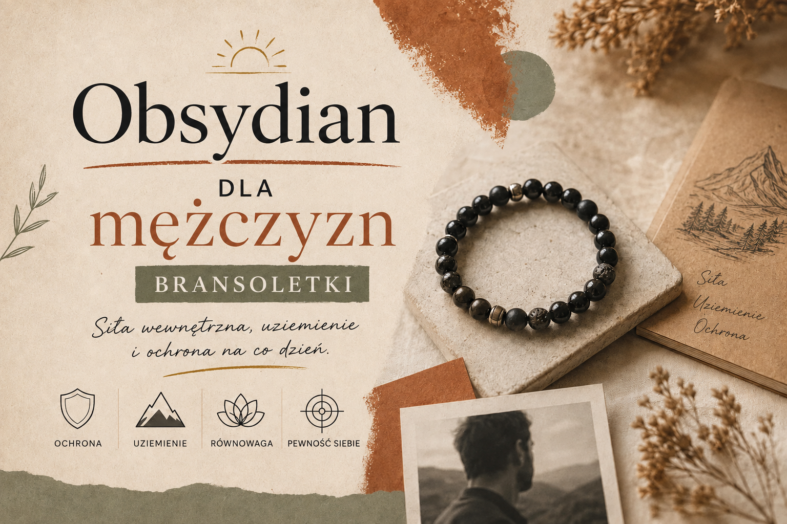Bransoletka z czarnego obsydianu na męskiej dłoni: prosta, męska biżuteria z kamienia