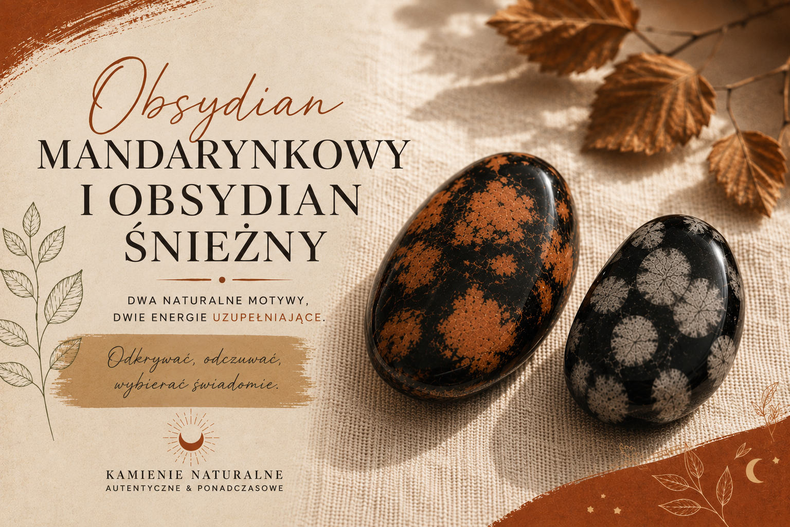Pomarańczowy obsydian dyniowy i beżowy obsydian orzechowy obok siebie