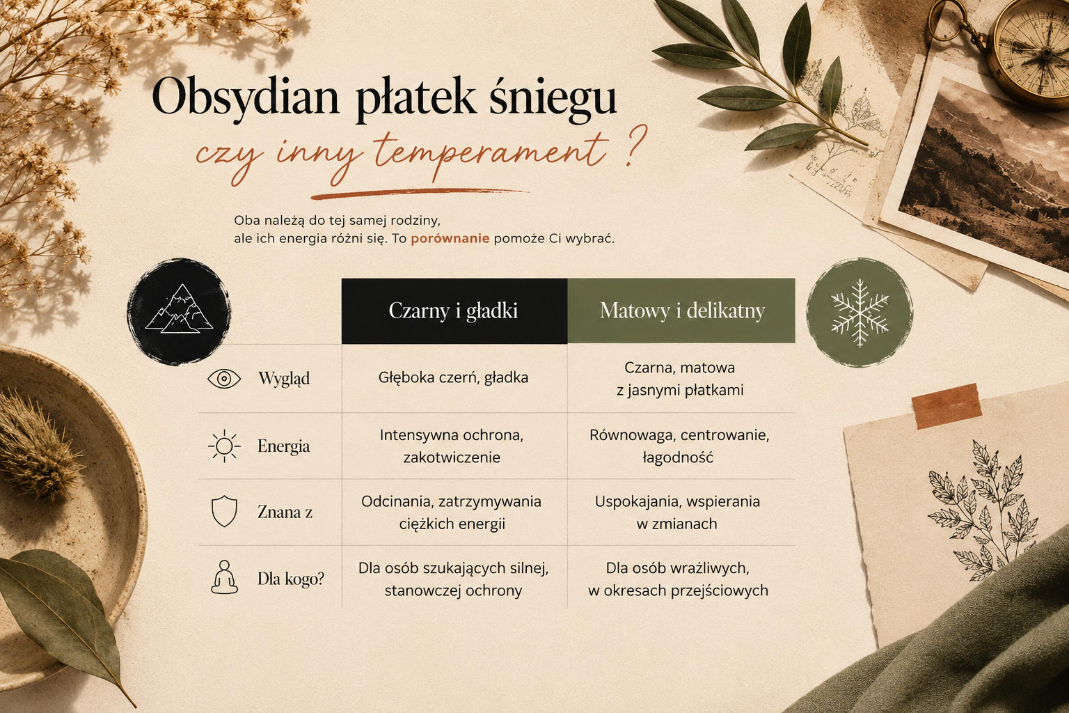 Porównanie gładkiego czarnego obsydianu i usianego płatkami obsydianu śnieżnego