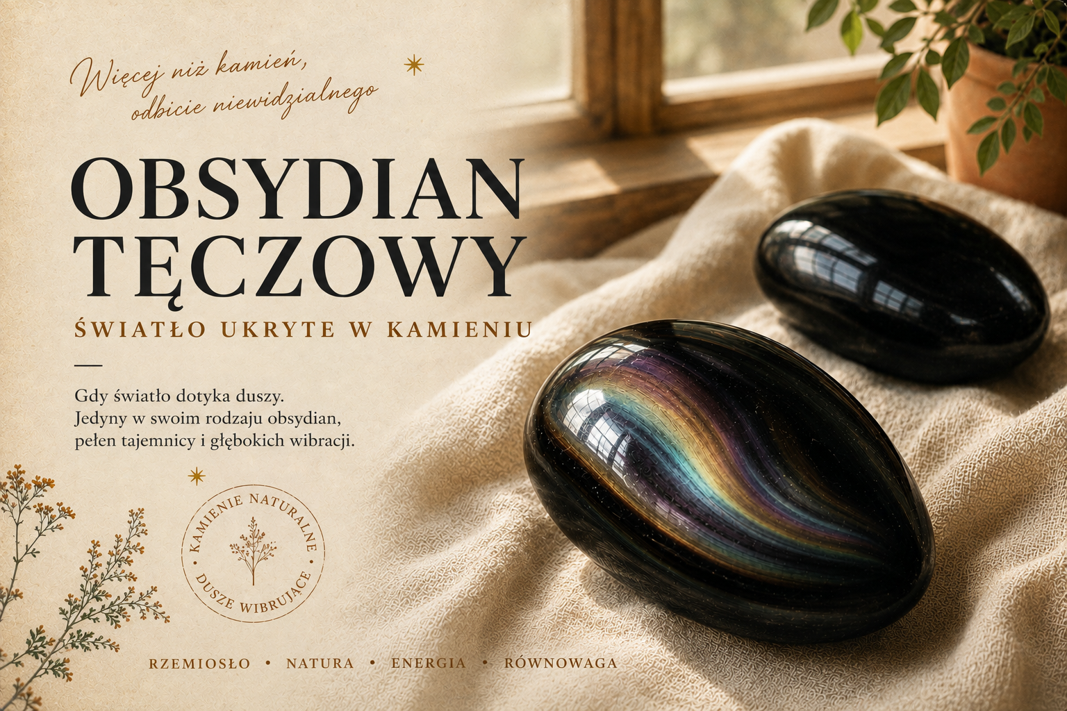 Obsydian tęczowy i jego iryzujące refleksy Wypolerowany obsydian tęczowy odsłaniający zielone i purpurowe iryzacje