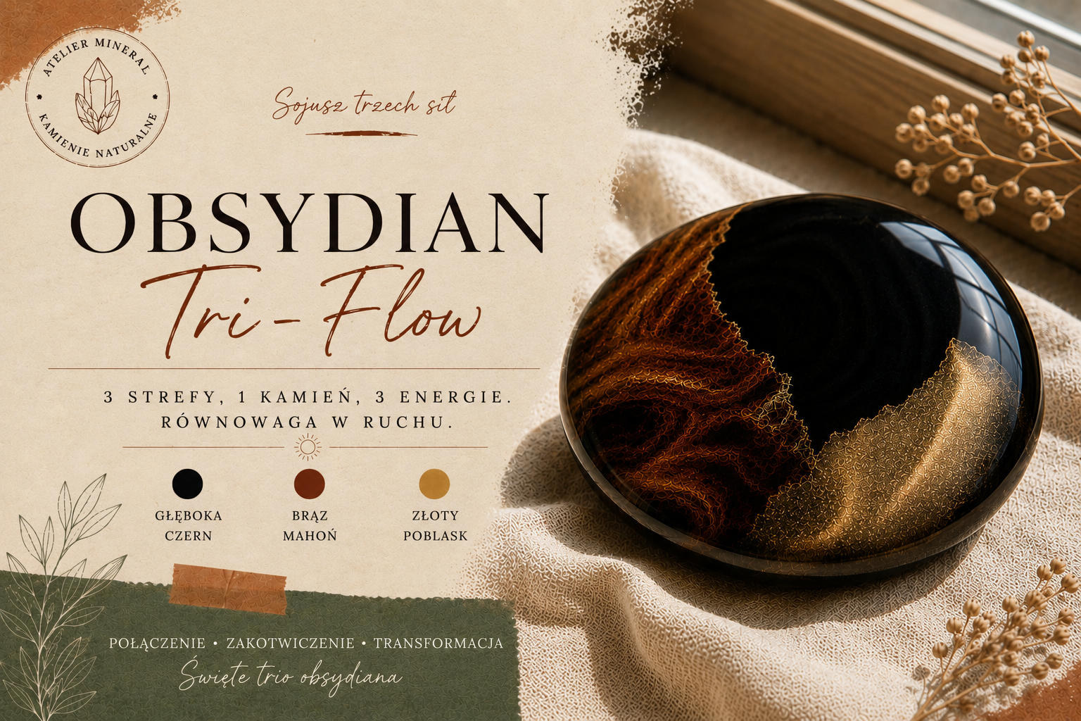 Obsydian tri-flow łączący strefy czarną, mahoniową i złocistą