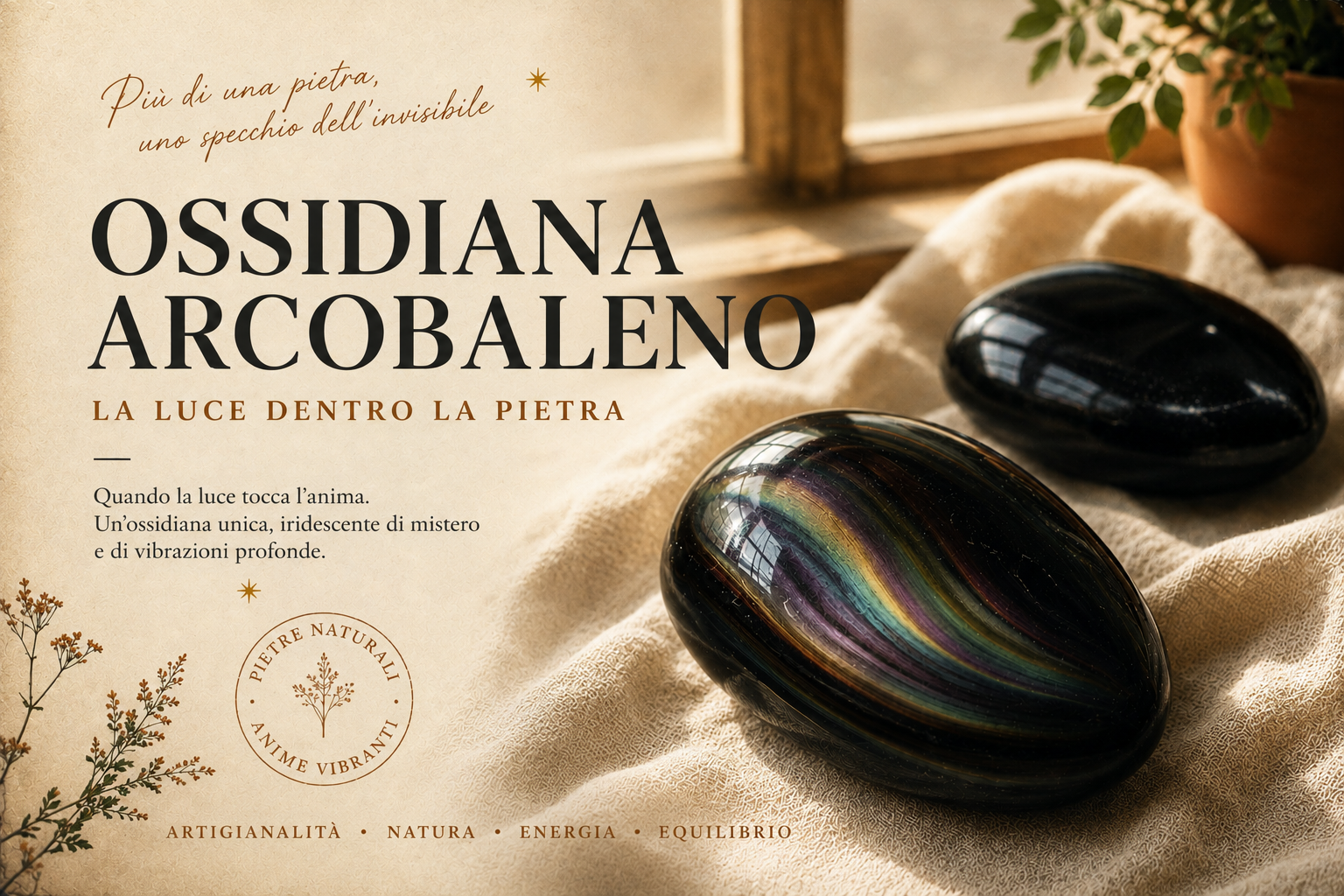 Ossidiana arcobaleno lucidata che rivela iridescenze verdi e porpora