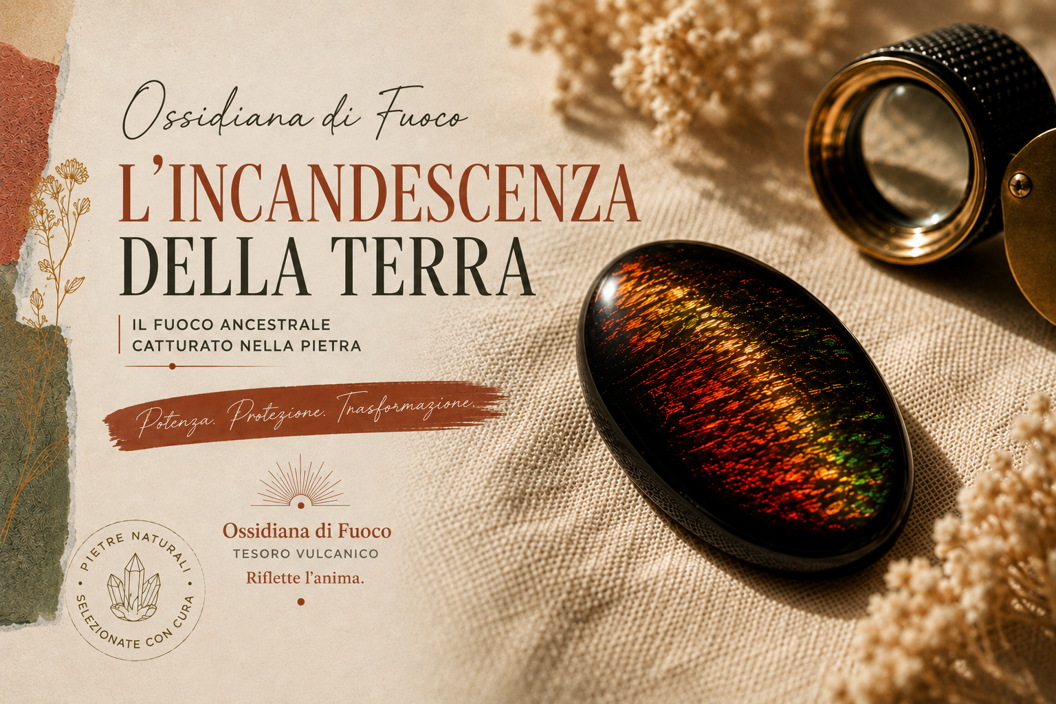 Ossidiana fuoco lucidata con iridescenze rosso fiamma e verdi stile opale