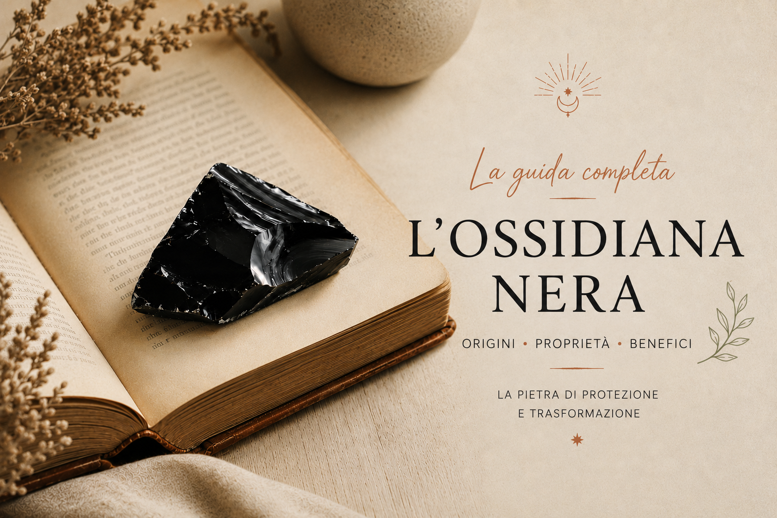 Cosa significa "ossidiana"? Frammento di ossidiana nera posato sulle pagine di un vecchio libro rilegato