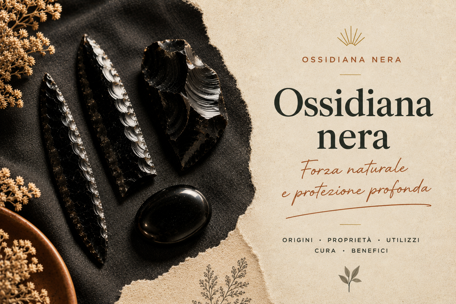 Frammenti e lame di ossidiana nera disposti su un tessuto scuro