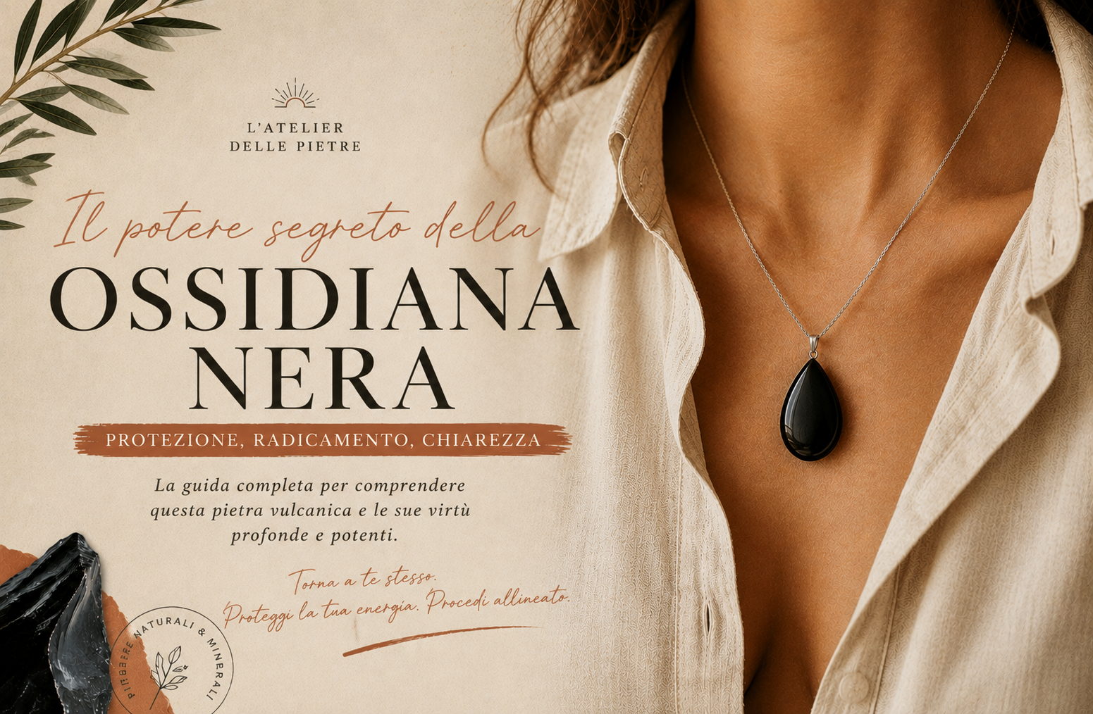 Ciondolo di ossidiana nera indossato al collo su una camicetta di lino chiaro