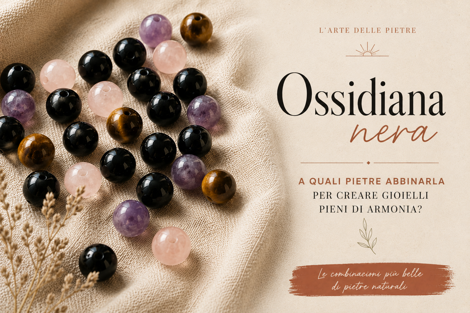 Perle di ossidiana nera e pietre colorate mescolate su lino chiaro