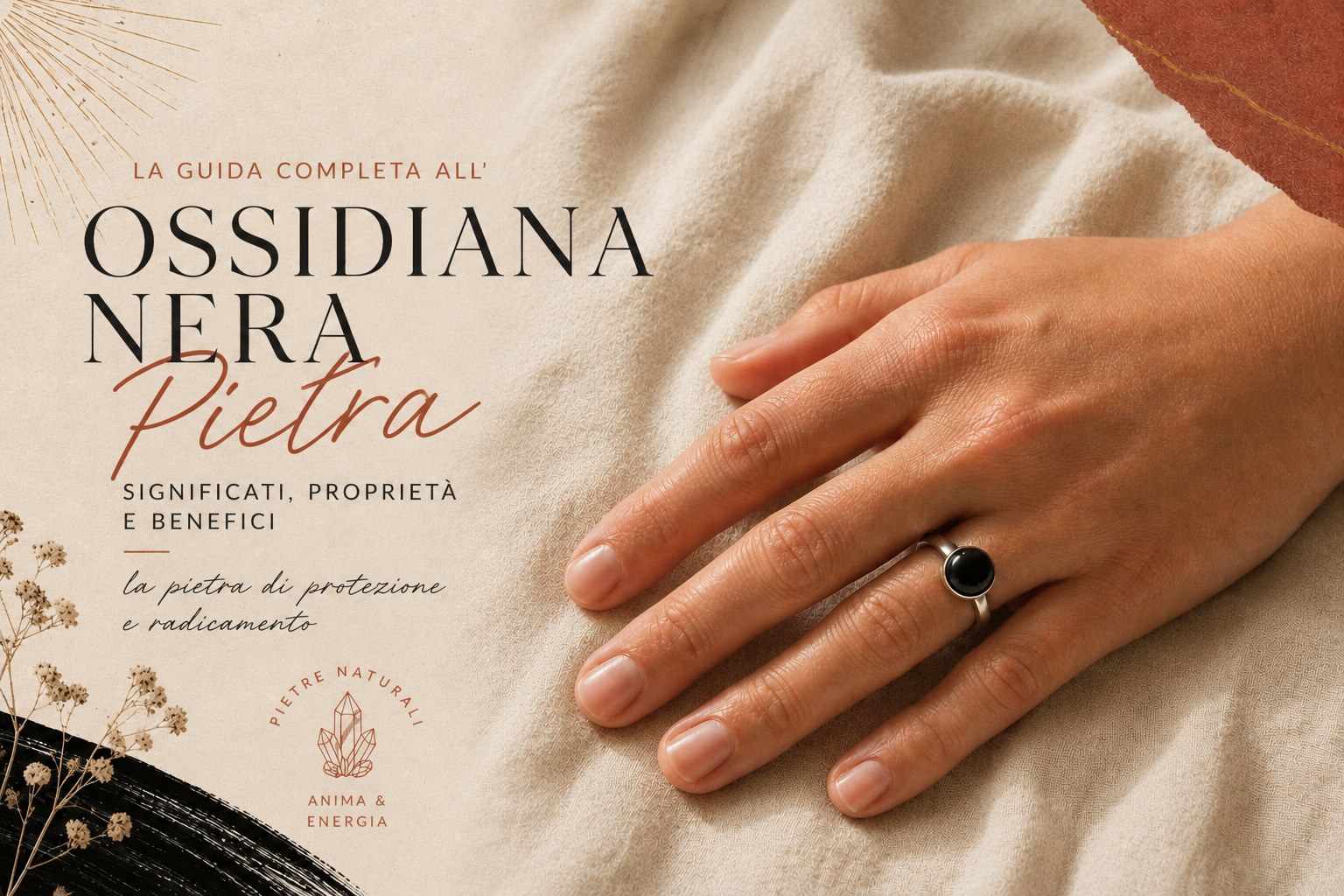 Anello di ossidiana nera indossato all'anulare, mano posata su lino chiaro