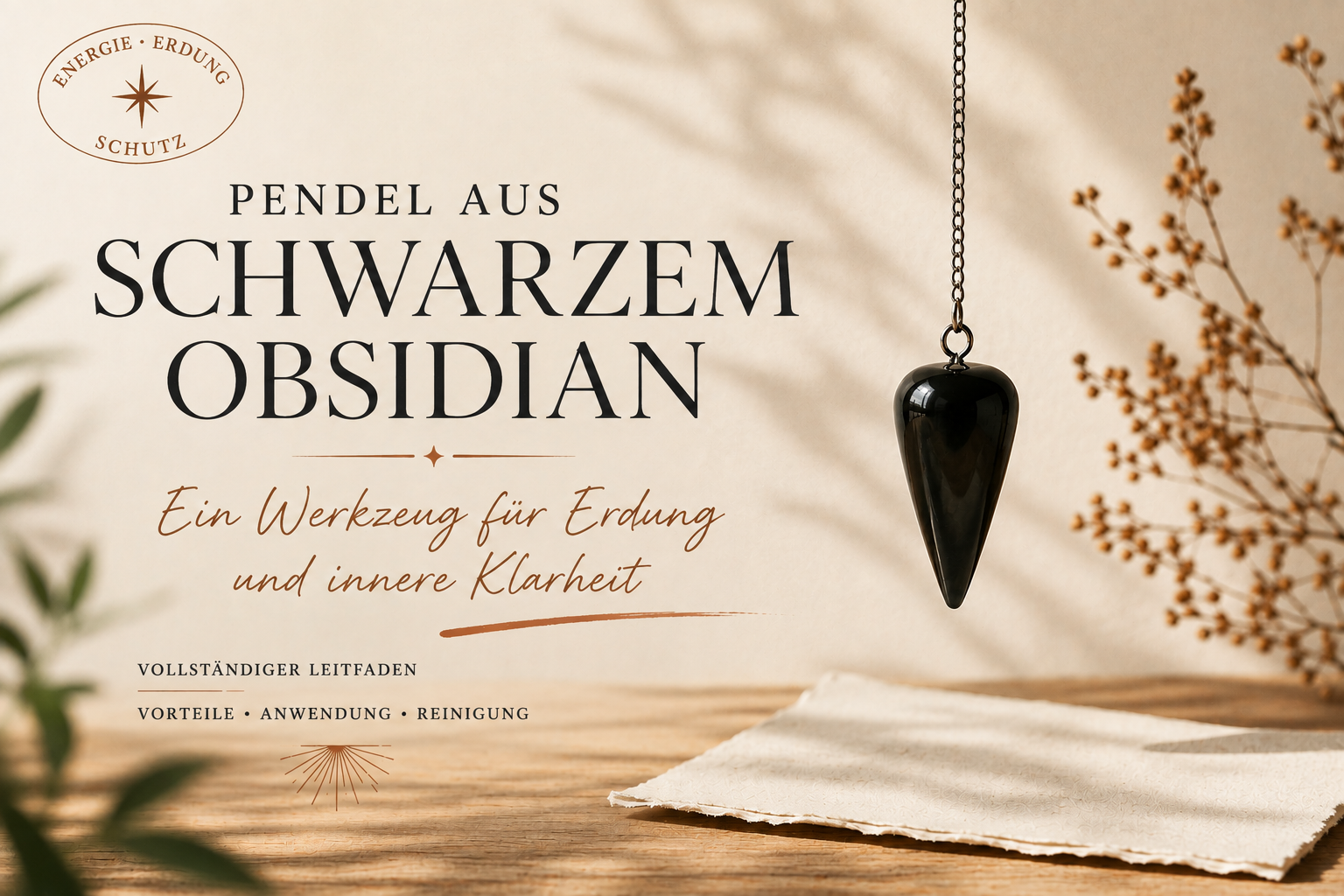 Pendel aus schwarzem Obsidian, aufgehängt an einer Kette über einem Holztisch