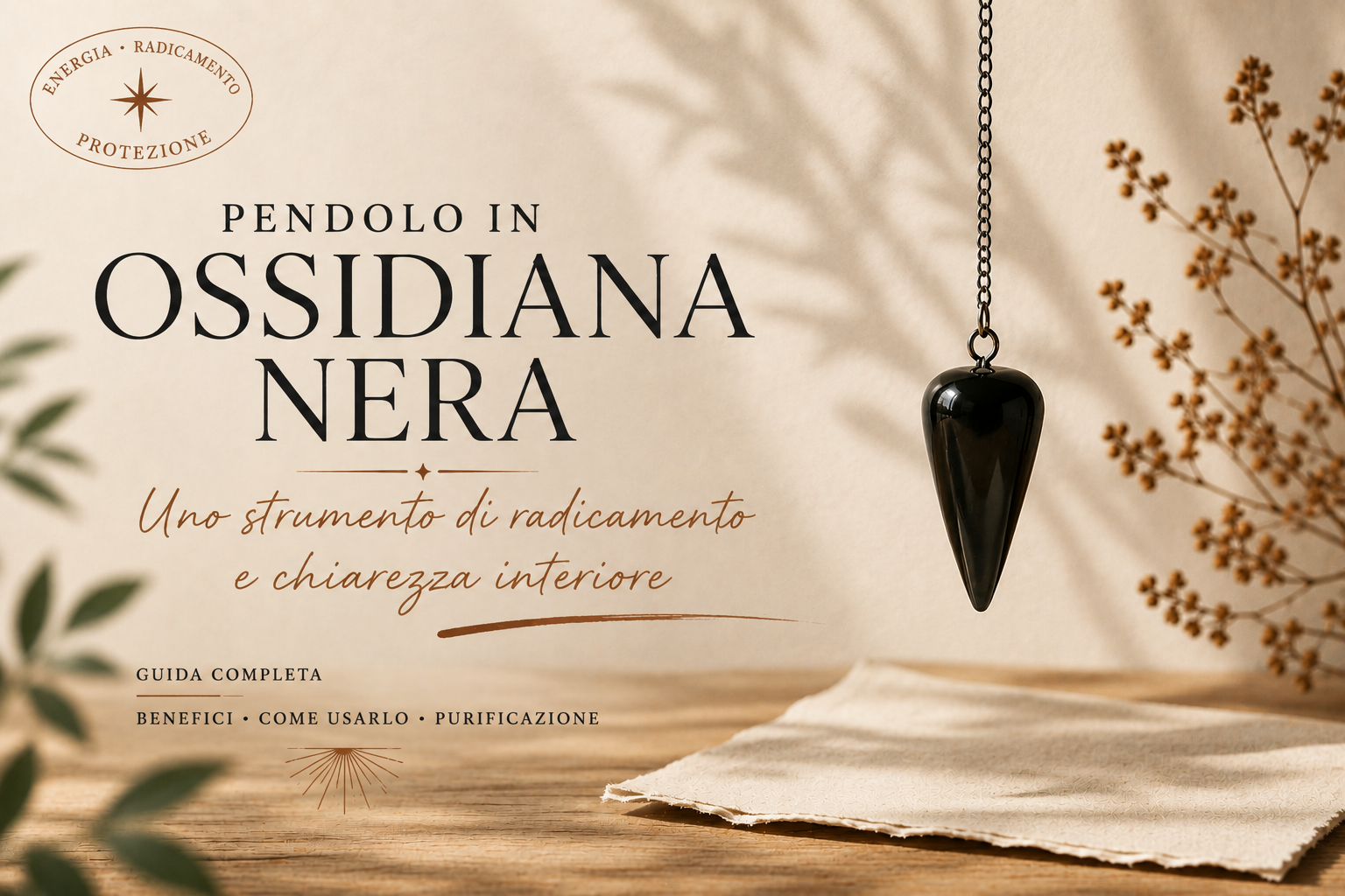 Pendolo di ossidiana nera sospeso a una catena sopra un tavolo di legno