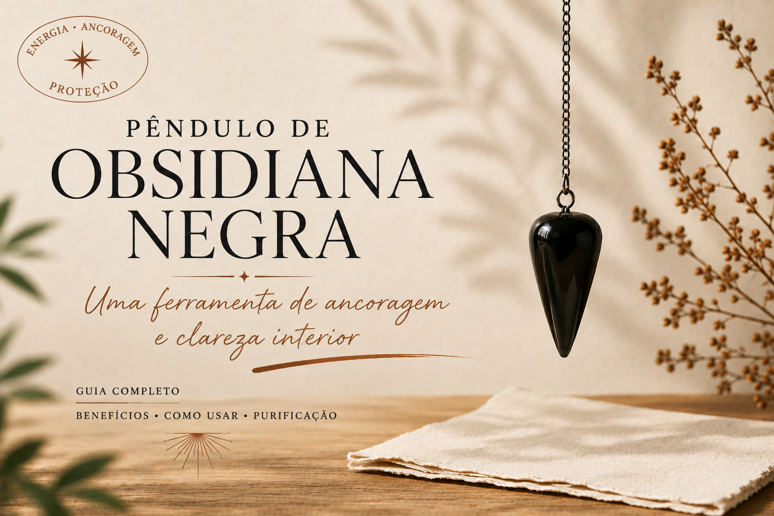 Pêndulo de obsidiana negra suspenso por uma corrente sobre uma mesa de madeira