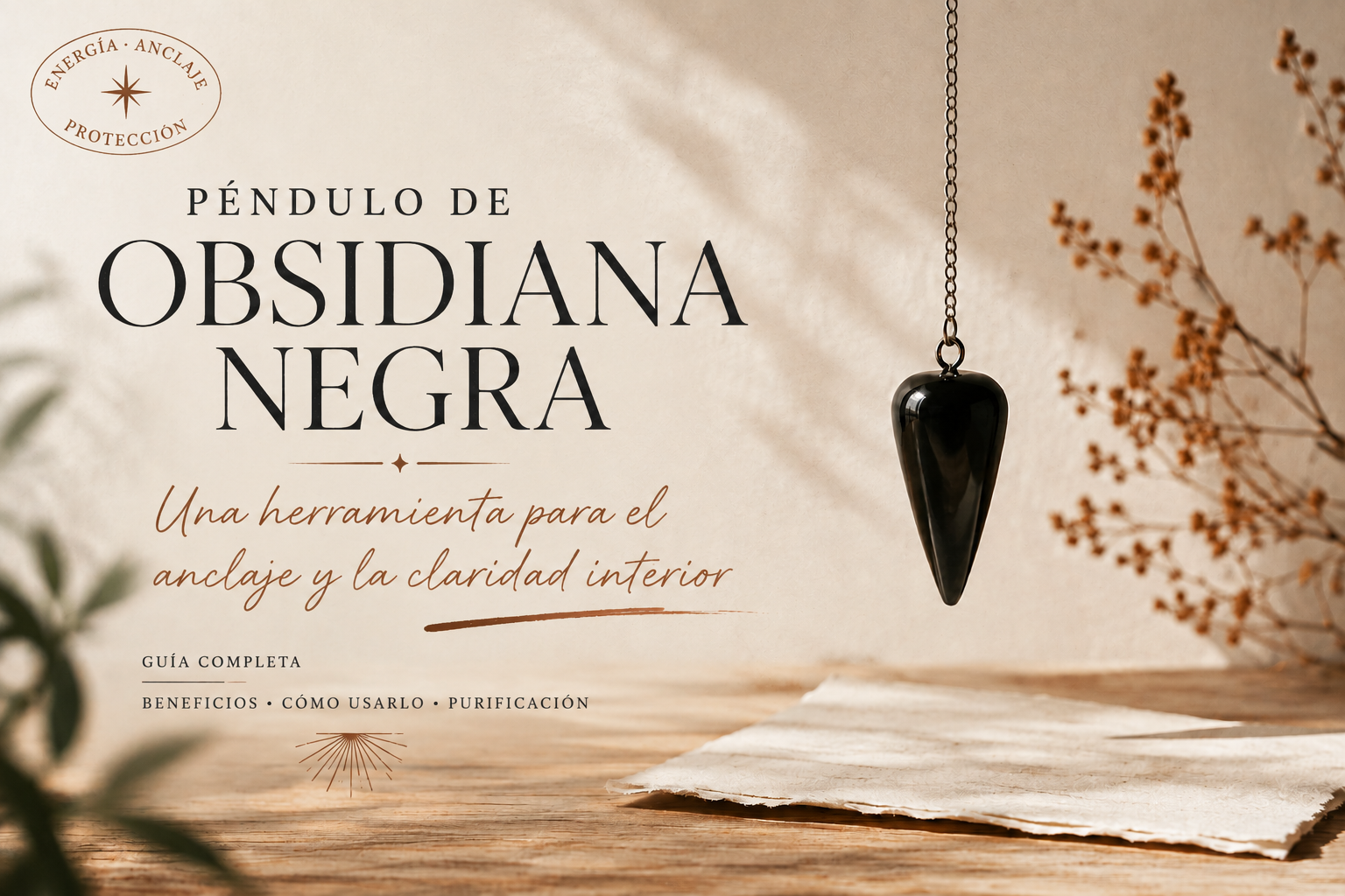 Péndulo de obsidiana negra suspendido de una cadena sobre una mesa de madera