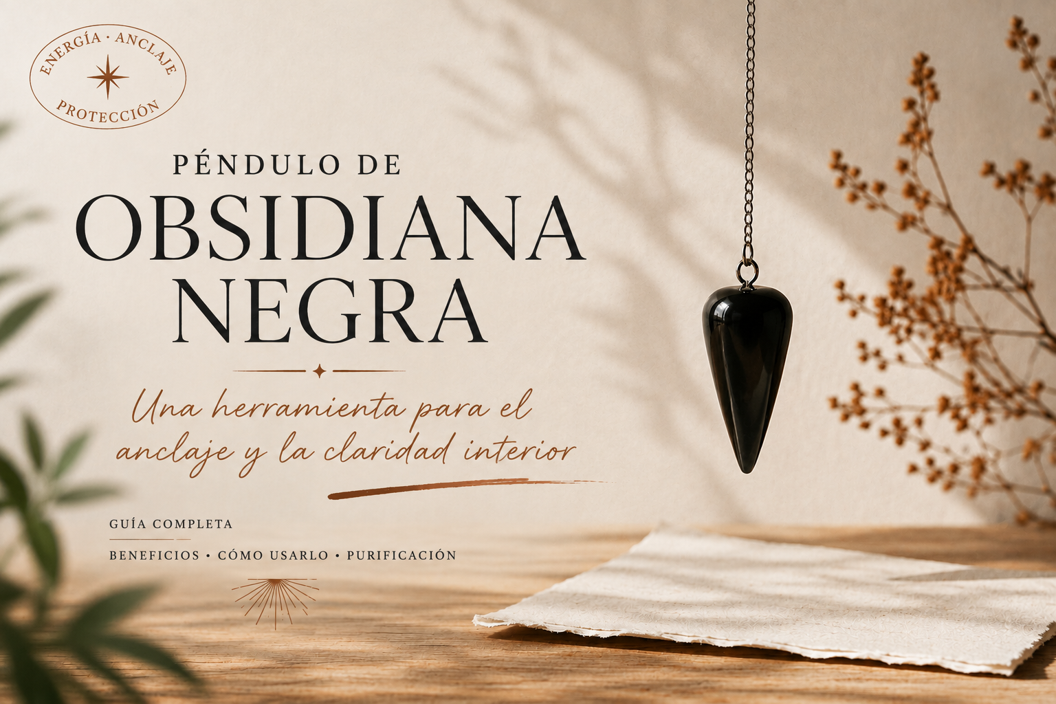 ¿Cómo usar la obsidiana negra en péndulo? Péndulo de obsidiana negra colgado de una cadena sobre una mesa de madera