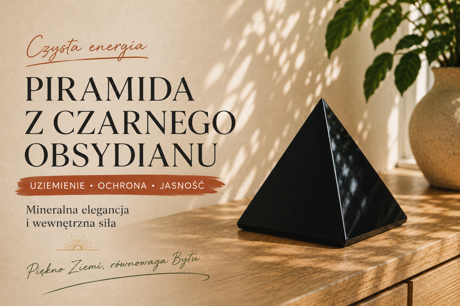 Wypolerowana piramida z czarnego obsydianu postawiona na drewnianym meblu