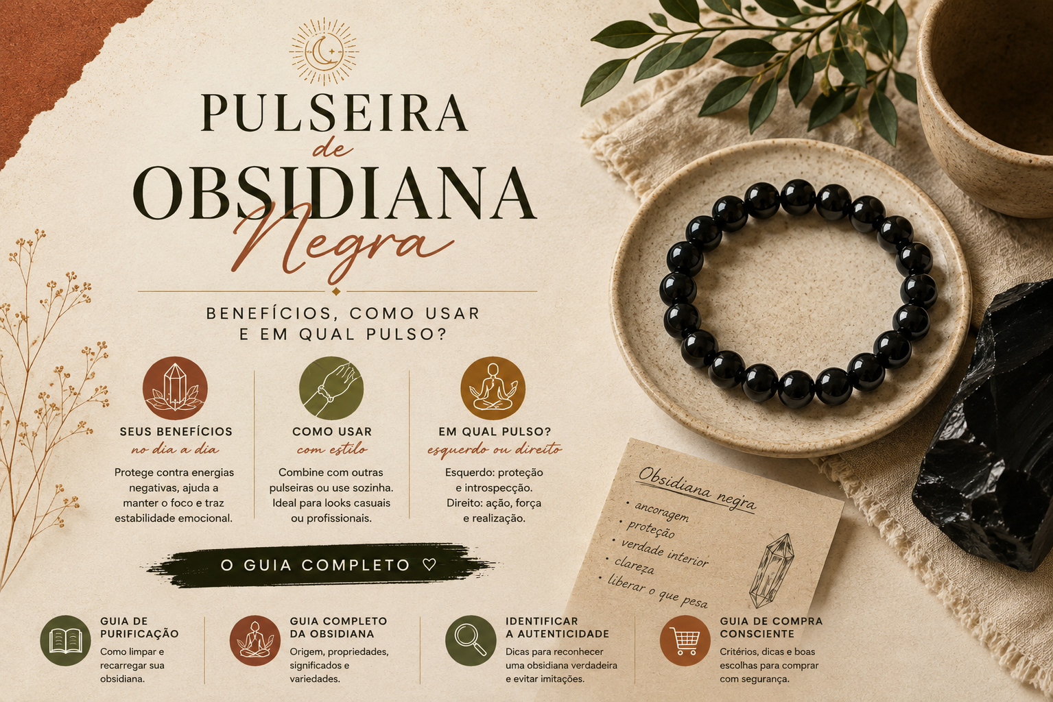 Pulseira de obsidiana negra usada no pulso