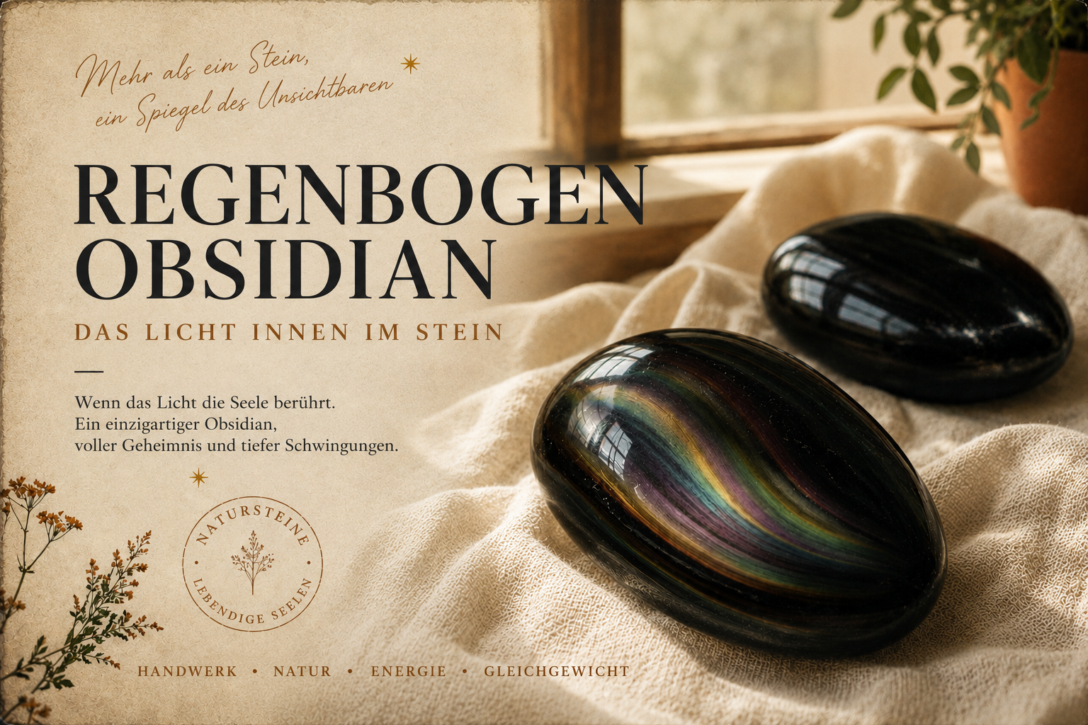 Polierter Regenbogen-Obsidian mit grünen und purpurnen Schillereffekten