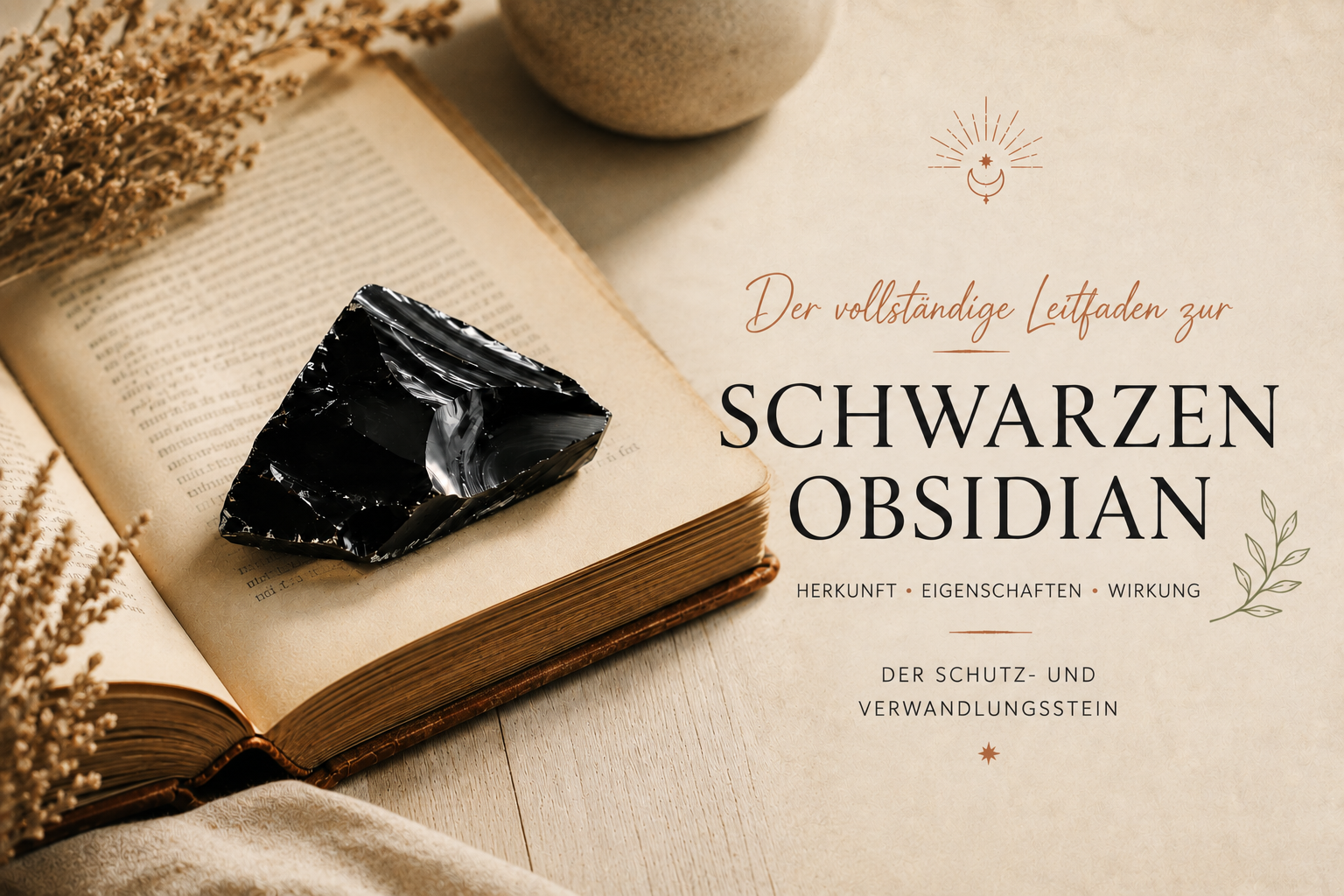 Splitter aus schwarzem Obsidian auf den Seiten eines alten gebundenen Buches