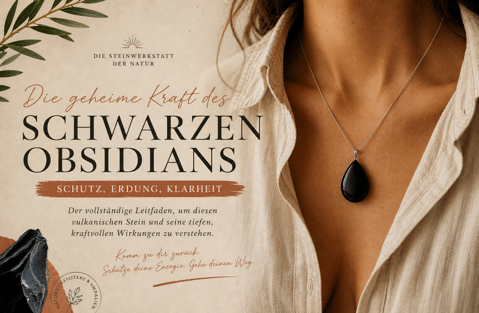 Anhänger aus schwarzem Obsidian, getragen am Hals über einer hellen Leinenbluse