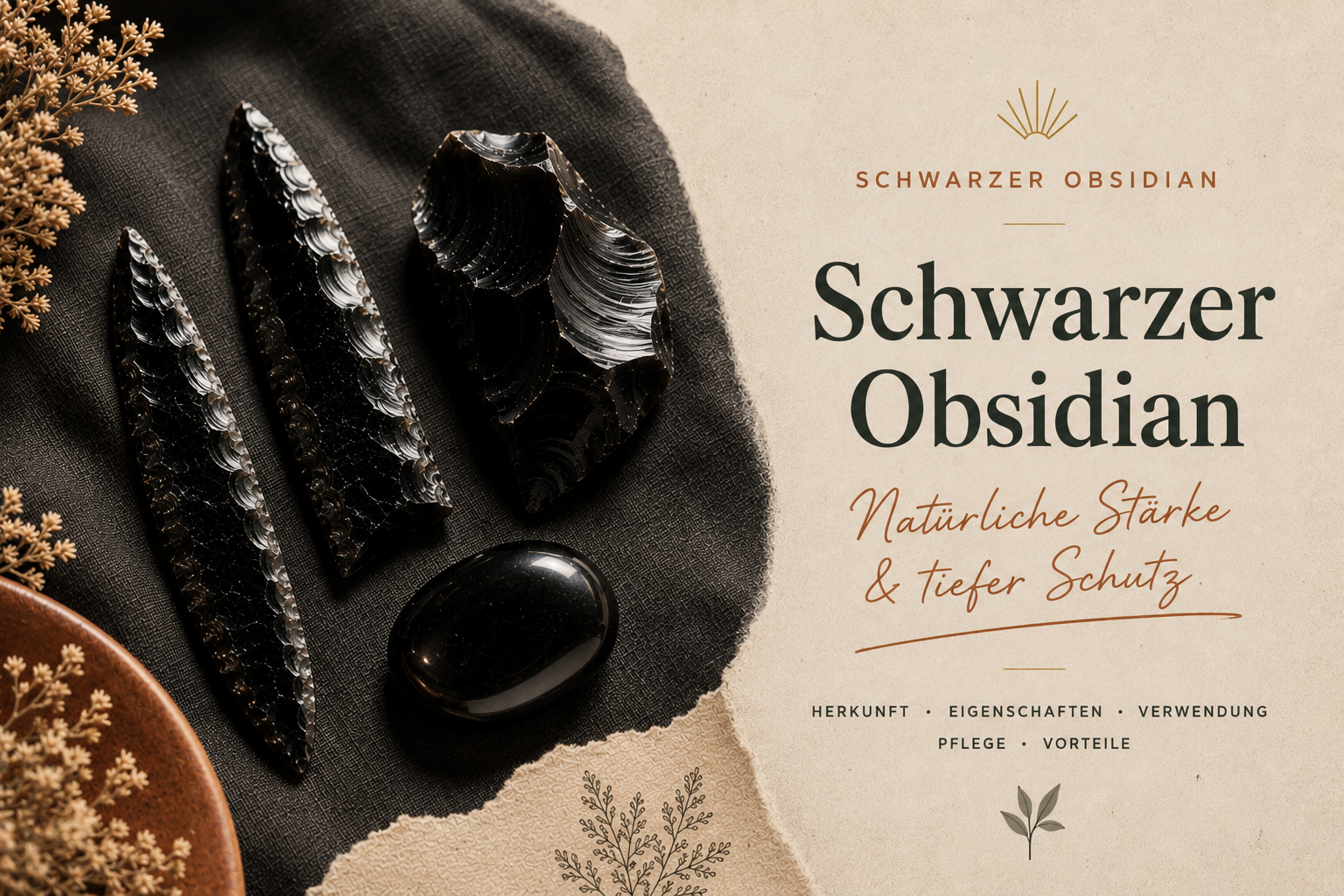 Mythen und Legenden des Obsidiansteins Splitter und Klingen aus schwarzem Obsidian auf dunklem Stoff angeordnet