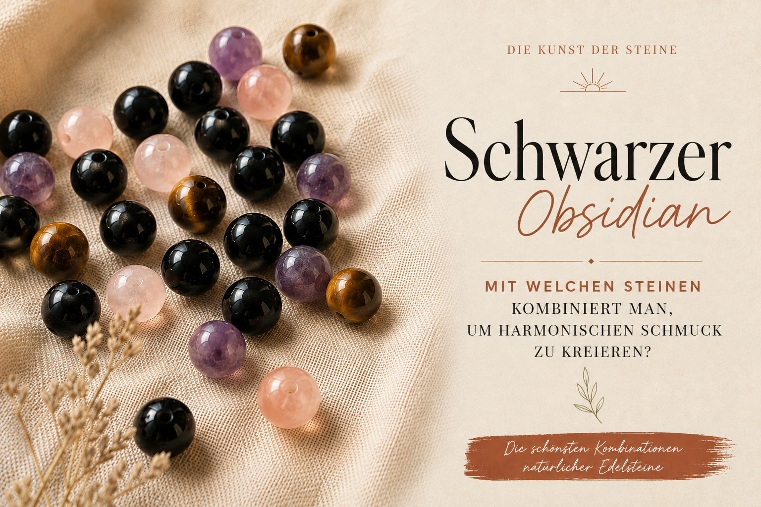 Perlen aus schwarzem Obsidian und bunten Steinen gemischt auf hellem Leinen