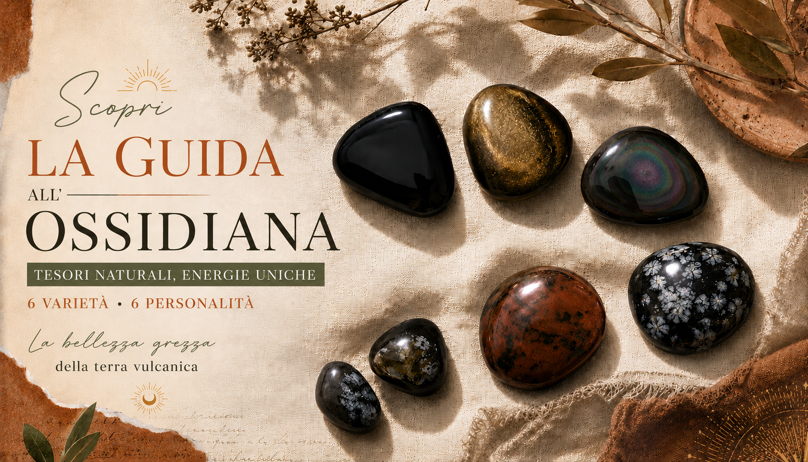 Tutti i tipi di ossidiana: la guida definitiva Le diverse varieta di ossidiana riunite: nera, dorata, arcobaleno, fiocco di neve e mogano