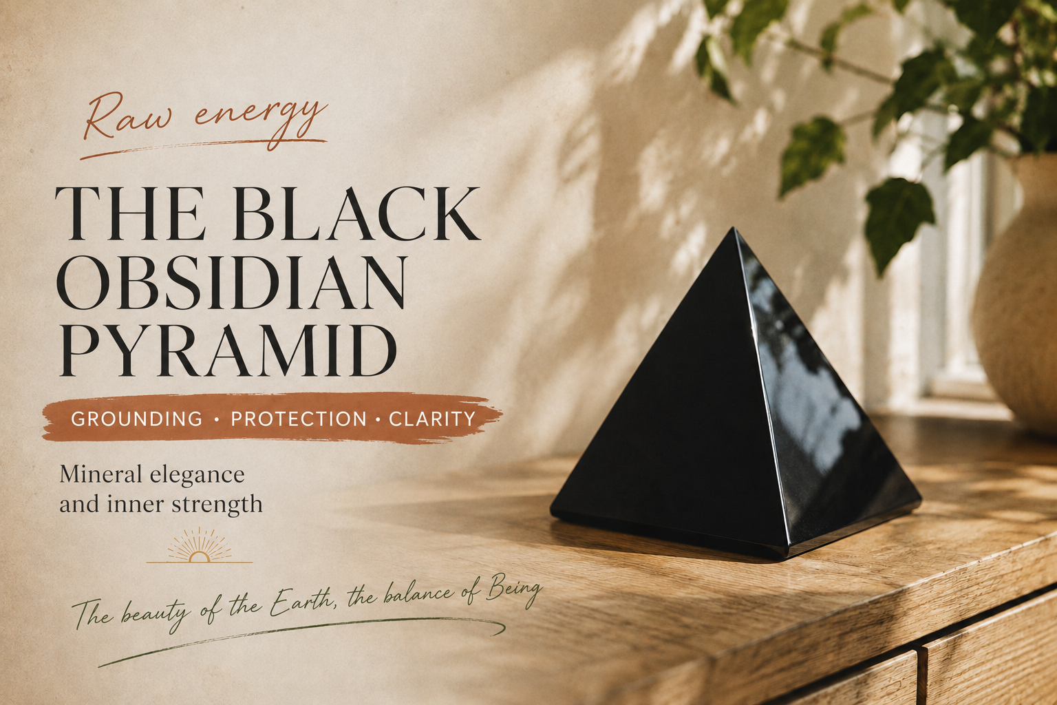 Polished black obsidian pyramid resting on a wooden shelf